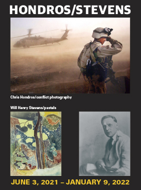 Poster style graphic featuring one photo of a US soldier in Afghanistan, a pastel drawing of trees, and portrait of Will Henry Stevens
