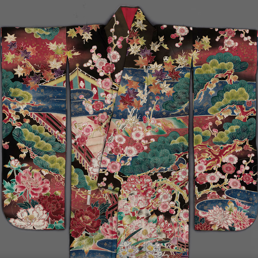 top portion of silk crepe kimono with flowers and landscape imagery