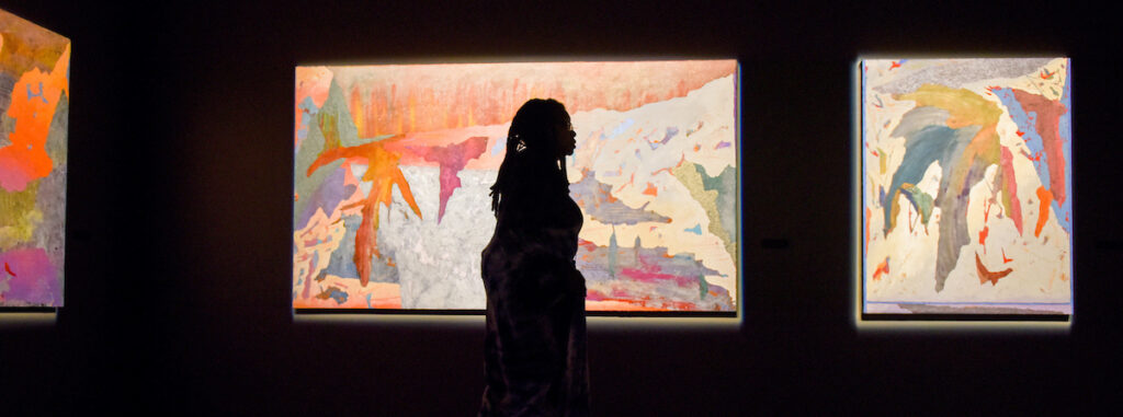 Silhouette of a visitor in front of Herb Jackson paintings at the Gregg Museum in 2017