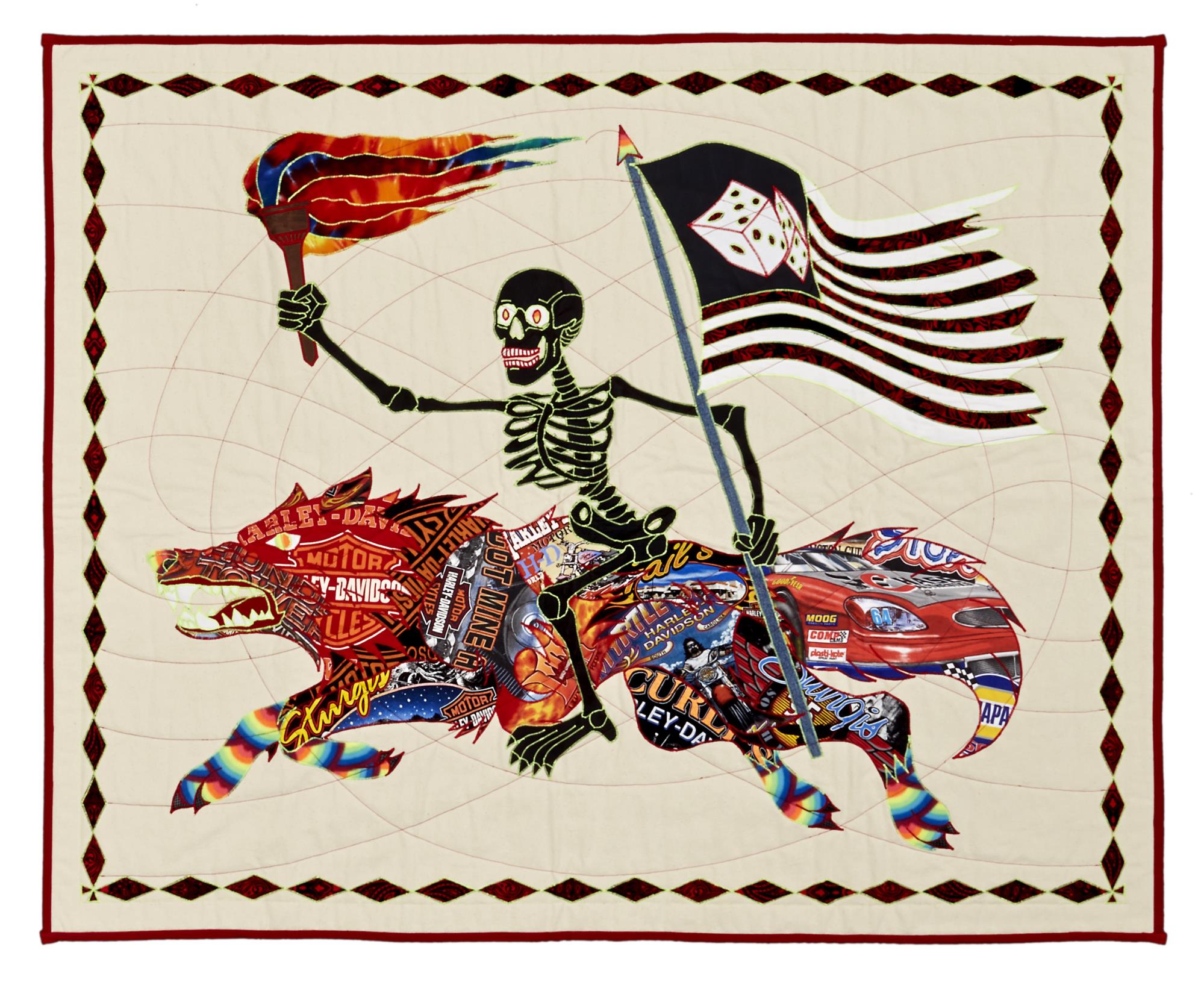 Image of a beige quilt with a skeleton riding a wolf holding an american flag. the quilt is made out of old t shirts.