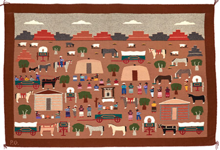 Weaving with images of wagons, horses, people, buildings, and mountains in the background