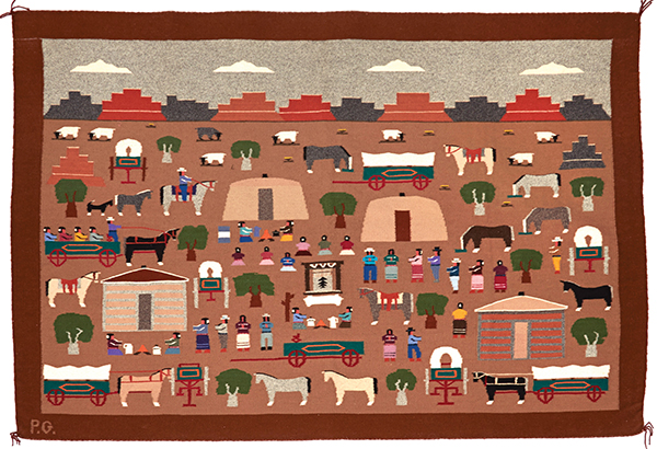 Image of a textile with wagons, horses, people, buildings, and trees, mountains in the background.